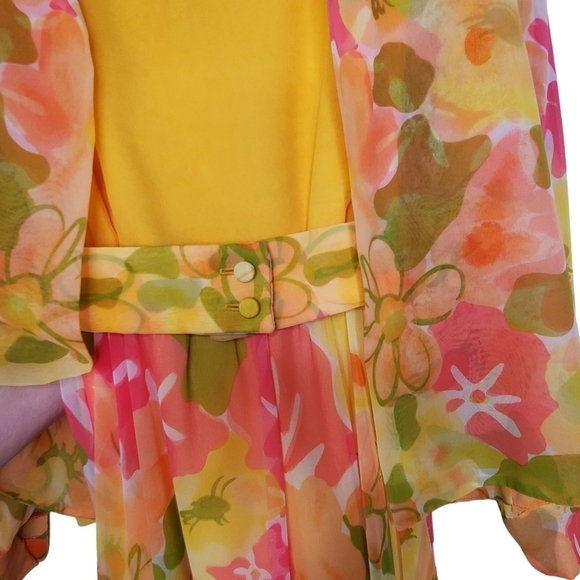 Vintage 1970s Jack Bryan Sleeveless Maxi Dress & Jacket Yellow Coral Green sz 12 - Picture 4 of 15